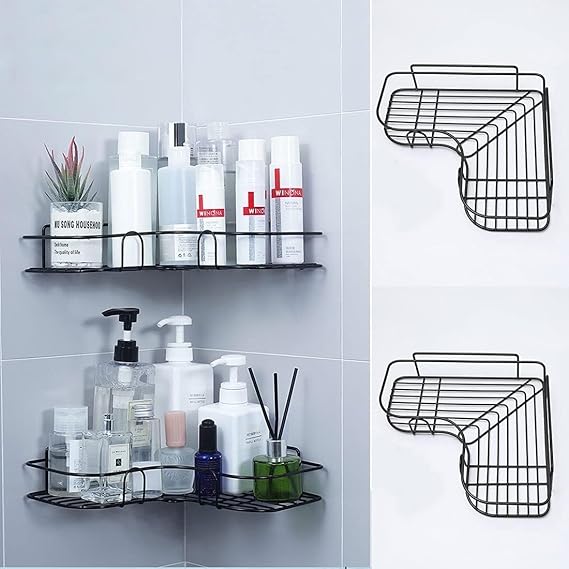 Bathroom corner Shower Shelf Adhesive Metal Wall Mounted Storage Organized Rack for Shower Caddy Triangle Basket No Drilling Design for Bathroom Bedroom Living Room and Kitchen