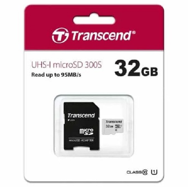 Transcend 32GB Micro SD UHS-I U1-Class-10- Memory Card with Adapter (TS32GUSD300S-A)